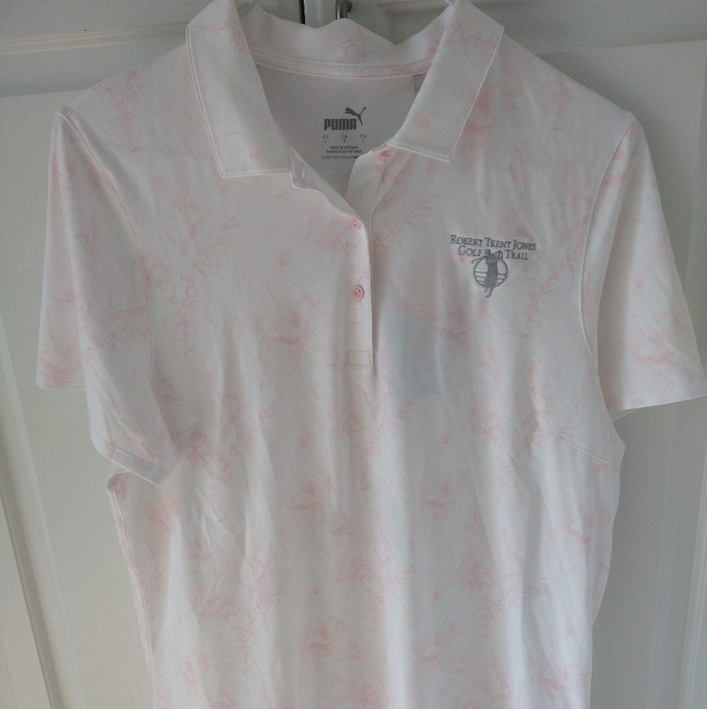 Ladies golf shirt Robert Trent Jones size large pink and white